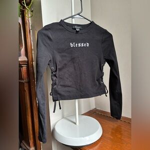 Blessed long sleeve black crop top with side ties